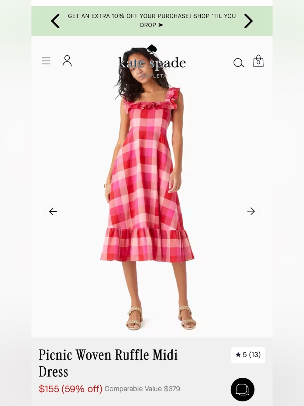 Kate Spade pink & fuchsia gingham ruffle midi dress